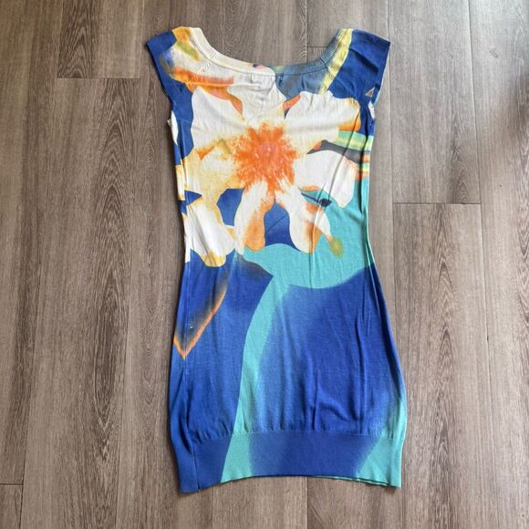 XXI Mini Dress Size S Sea Blue Multicolor Round Neck Bodycon Short Sleeve Fitted - Picture 2 of 10